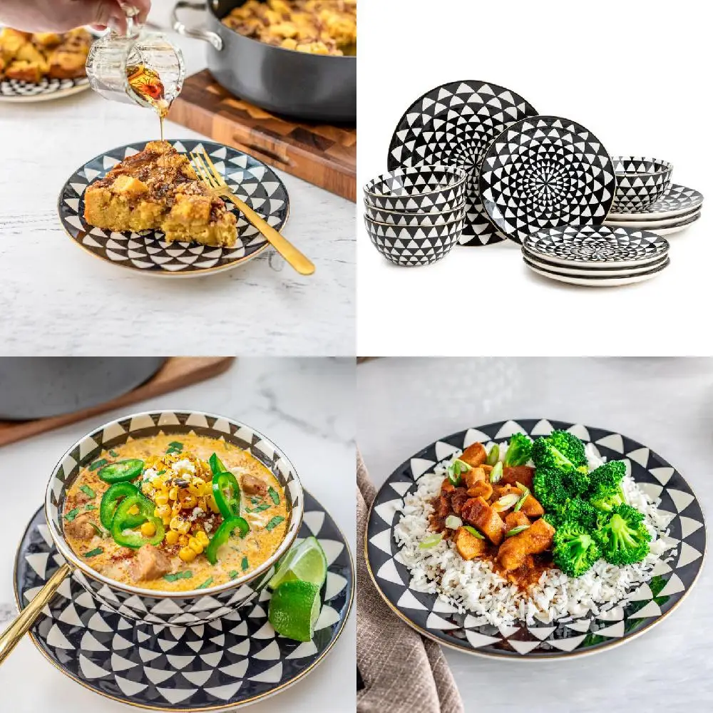 

Stoneware Dinnerware Set - Stylish Black & White Medallion 12 Piece - Perfect for Entertaining & Everyday Use