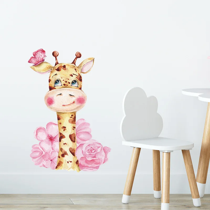 Cute Butterfly Giraffe Animals Wall Stickers for Baby Kids room Bedroom Wall Decoration Removable PVC Wall Decals Wallpapers images - 2