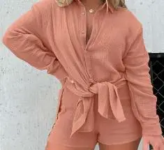 

Square Collar 2023 New Hot Selling Fashion Women's Long Sleeve Shirt High Waist Shorts Casual Two Piece Set