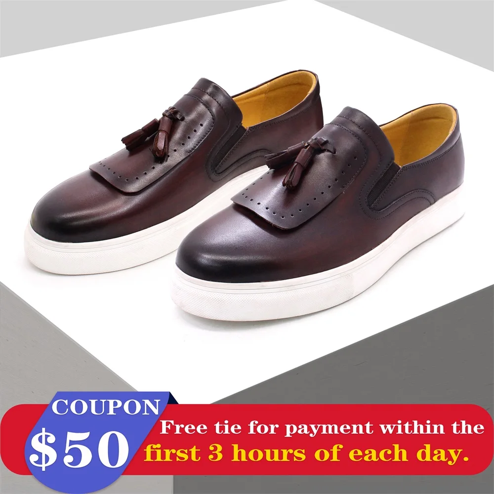 

Leather casual shoes tassel high-end handmade men's shoes comfortable round toe flat shoes office banquet men's loafers