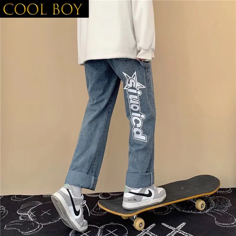 E BOY 2022 New Fashion Letter Print Straight Men Baggy Jeans Trousers Hip Hop Loose Wide Daily Casual Cozy Denim Pants Pantaloni