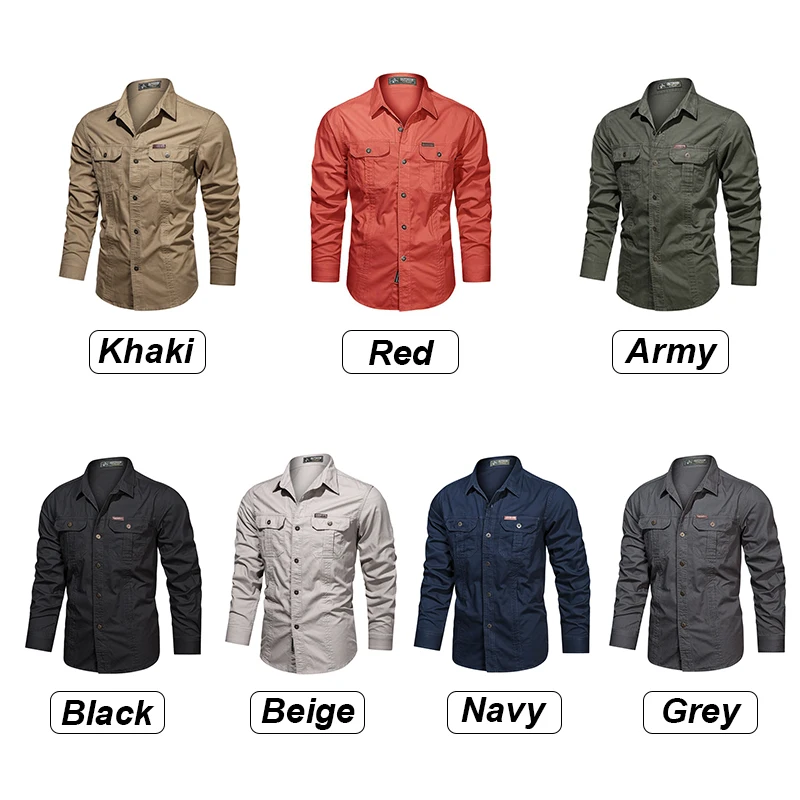 Men Autumn Spring 100% Cotton Cargo Long Sleeve Slim Shirts Blouses Men Casual Fashion Solid Color Single Breasted Shirt For Men