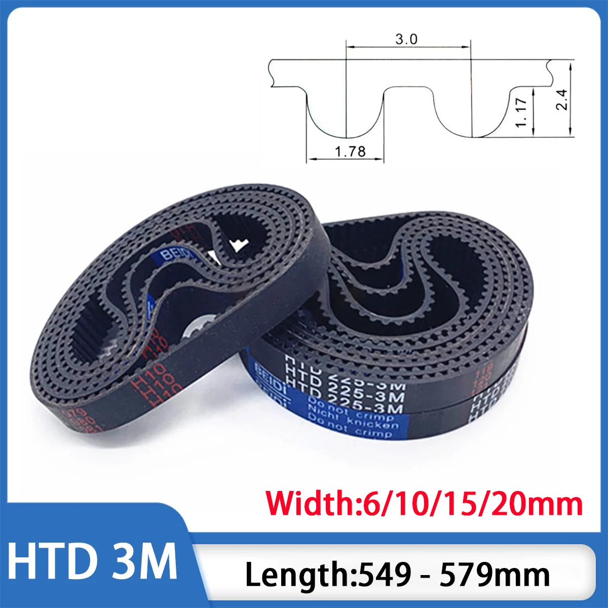 

Drive Belts Width 6/10/15/20mm HTD-3M Rubber Closed Loop Timing Belt Pitch 3mm Length 549 552 555 558 - 579mm