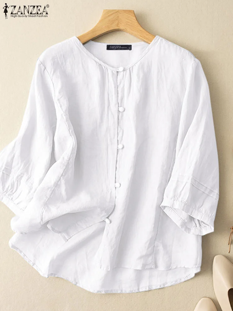 

Осенняя Женская винтажная блузка ZANZEA с круглым вырезом и рукавом 3/4, элегантная повседневная однотонная туника, топы, модные блузы на пуговицах, хлопковая рубашка