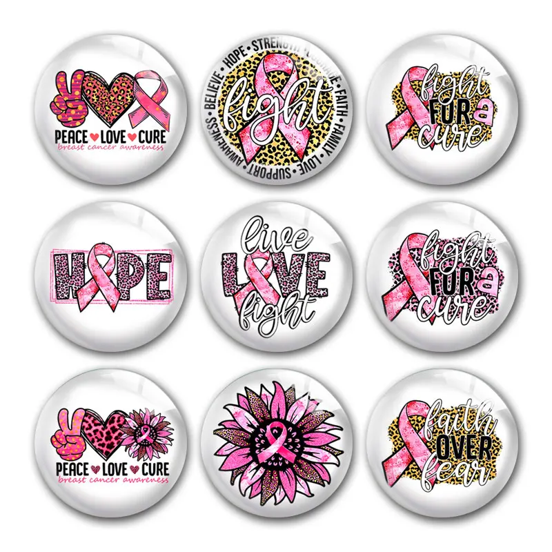 

Pink Ribbon Breast Cancer Awareness Hope Round Photo Glass Cabochon Demo Flat Back For DIY Jewelry Making Supplies Snap Button