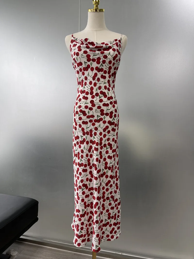 Women Midi Dress Cherry Print Strapless Sleeveless Off-shoulder Sling Robe Silk Sweet