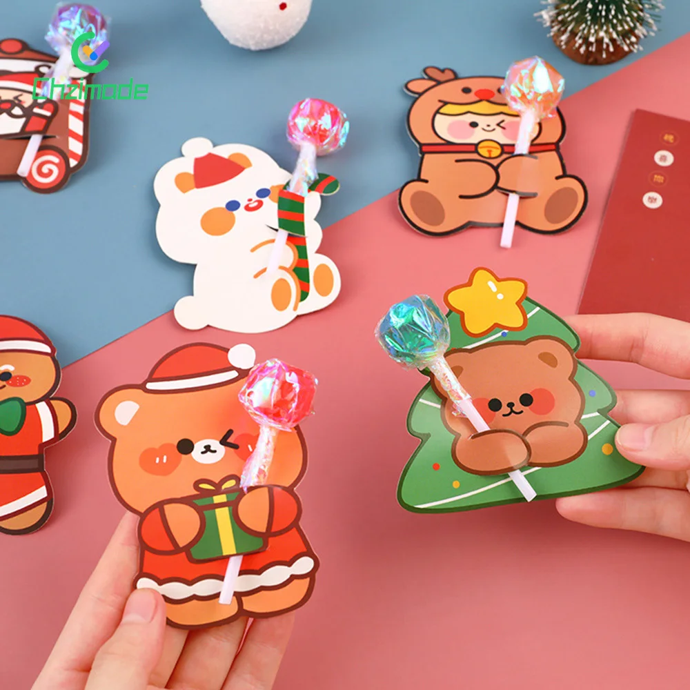 

20PCS Christmas Lollipop Packaging Card Creative Cartoon Candy Cards DIY Message Paper Lolly Holder Xmas Festival Party Decor