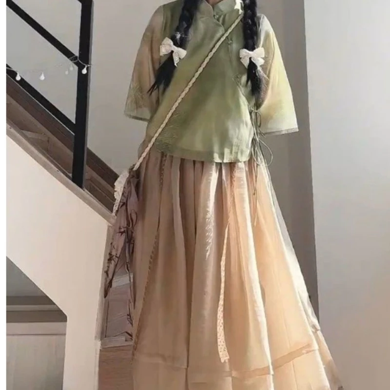 

Chinese Traditional Dress Skirt Suit Green Jacket Summer Vintage Skirt Set Modern Women's Clothing