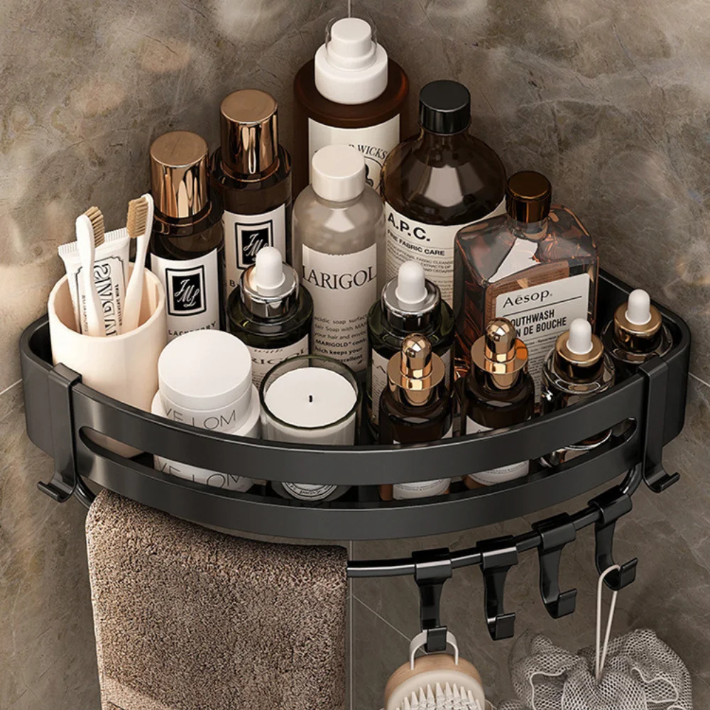 bathroom shelf wall mounted storage rack shower shampoo holder with hooks toilet paper holder oragnizer bathroom accessories set free global shipping