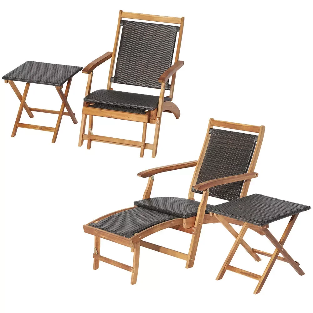 

Patio 4PCS Rattan Folding Lounge Chair Table Acacia Wood W/Retractable Footrest