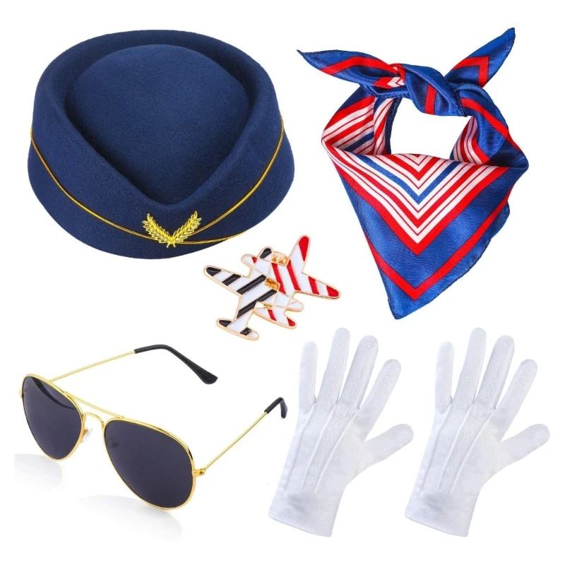 

Captain Costume Kit Pilot Dress Up Accessory Aviator-Sunglasses Stewardess Hat Cosplay for Halloween Party