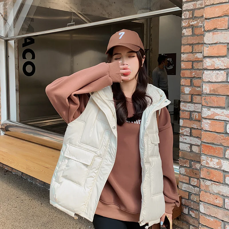 

Vest Female Sleeveless Cotton Jacket Outer Wear Short Section Jacket Fashion Autumn Winter Solid Looses Down Cotton Vest Women