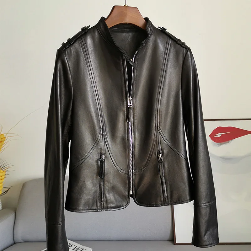 Women Leather Jackets Motorcycle Sheepskin Coat Biker Jacket Solid Full Sleeve 2022 Autumn Fashion CL4004