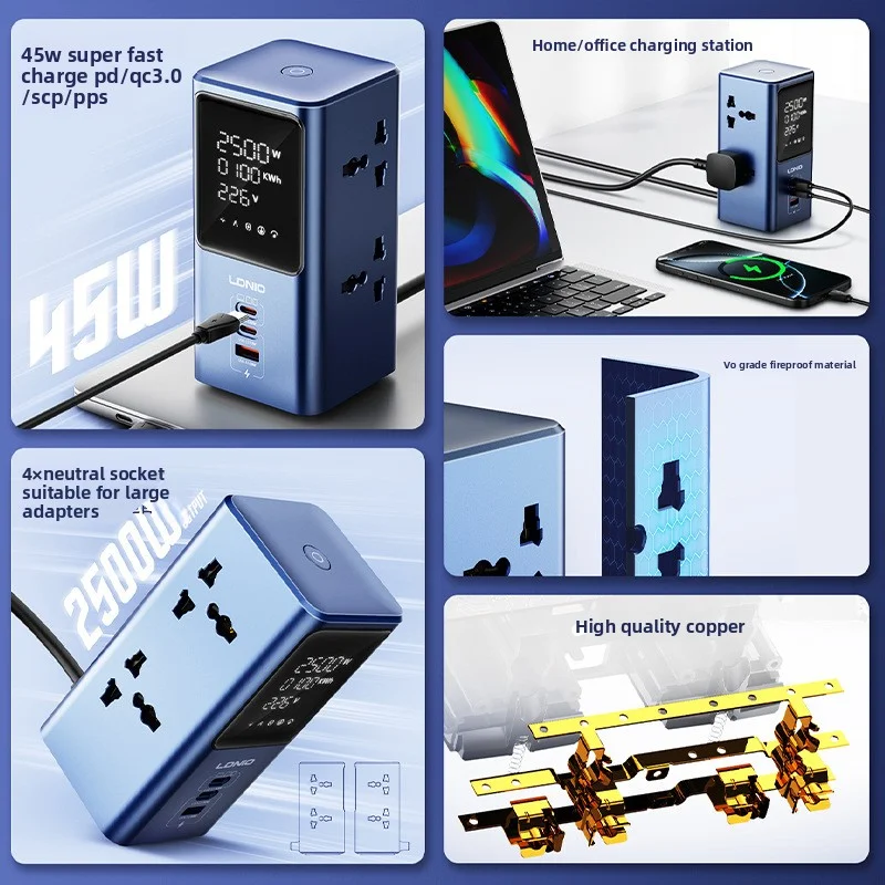 Фото Вертикальная USB-розетка для ЖК-дисплея 45 Вт для домашнего и офисного использования, мощная регулируемая многофункциональная зарядная розетка AC100-250 В №2