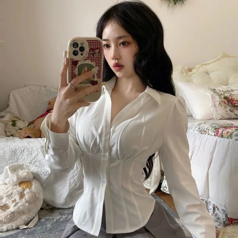 

MEXZT Sexy White Tunic Shirts Women Jk Preppy Style Long Sleeve Slim Student Blouse Japanese Solid Casual Turn Down Collar Tops