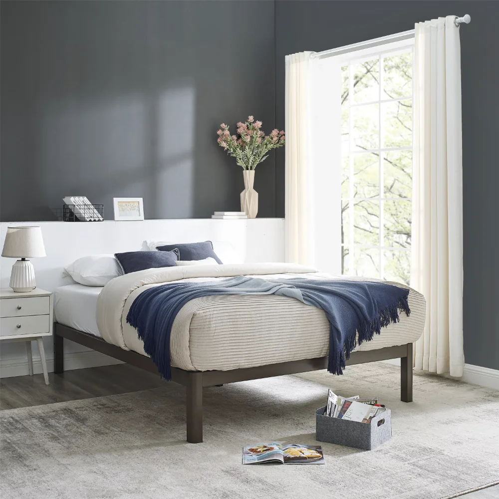 Wood Slat Bronze Metal Platform Bed Frame, Queen
