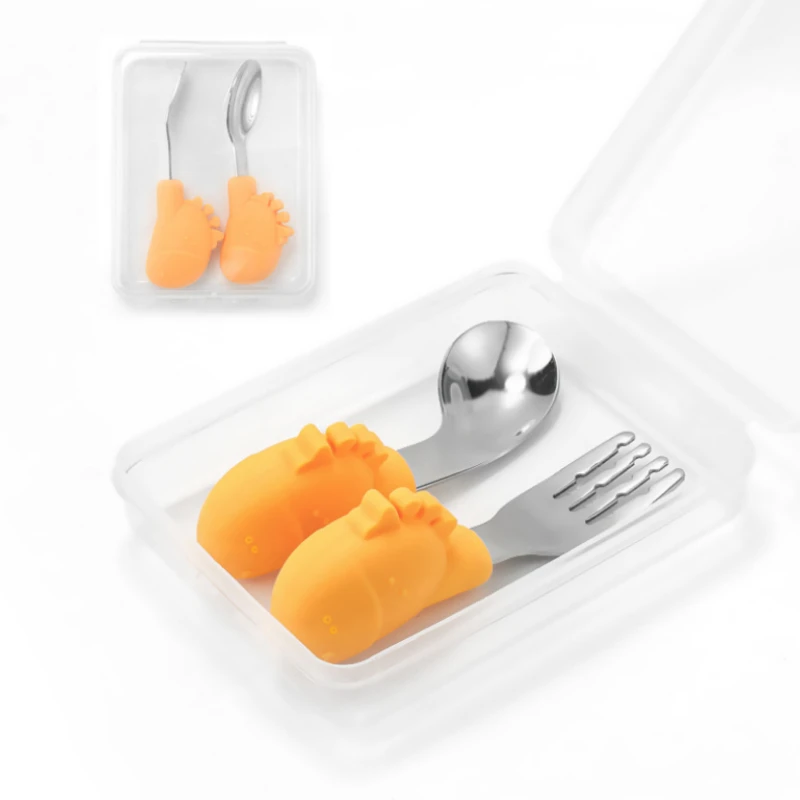 

2Pc/set Cartoon Fawn Fork Spoon Baby Learn To Eat Short Handle Spoon Fork Baby Food Supplement Tableware Set with Storage Box