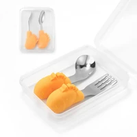 2pcset cartoon fawn fork spoon baby learn to eat short handle spoon fork baby food supplement tableware set with storage box