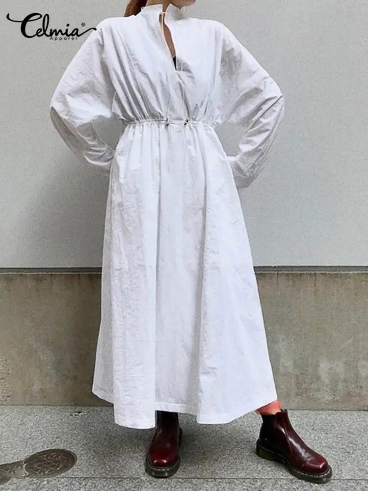 

Celmia Casual Waisted Long Robes Fashion Autumn Maxi Dress Streetwear Women Dress Loose Long Sleeve Lace Up High Neck Vestidos