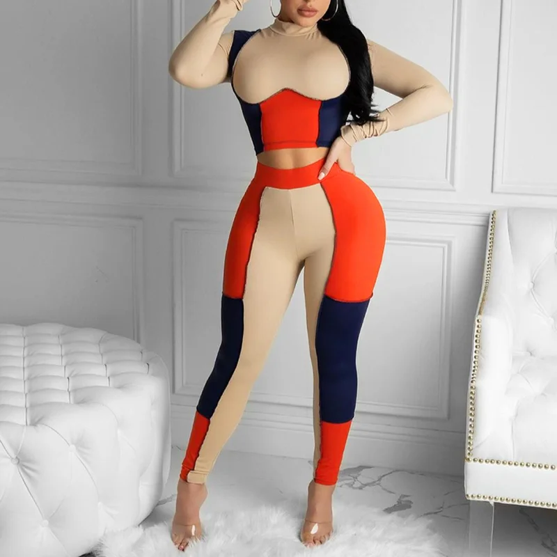

2023 Fashion Mock Neck Crop Top+Stretchy Legging Matching Outfit Female Streetwear Hot Women Suit Sexy Patchwork Skinny Rompers