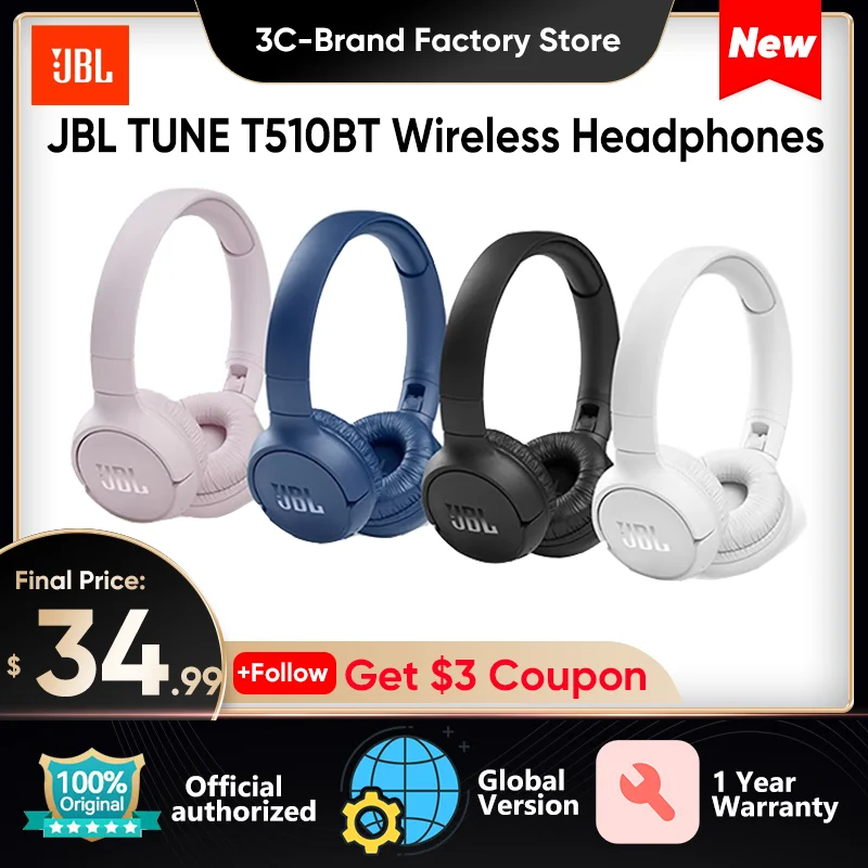 

New Original JBL TUNE T510BT Wireless Bluetooth Headphones Music Sports Game Headset with Mic Noise Reduction Foldable Earphones