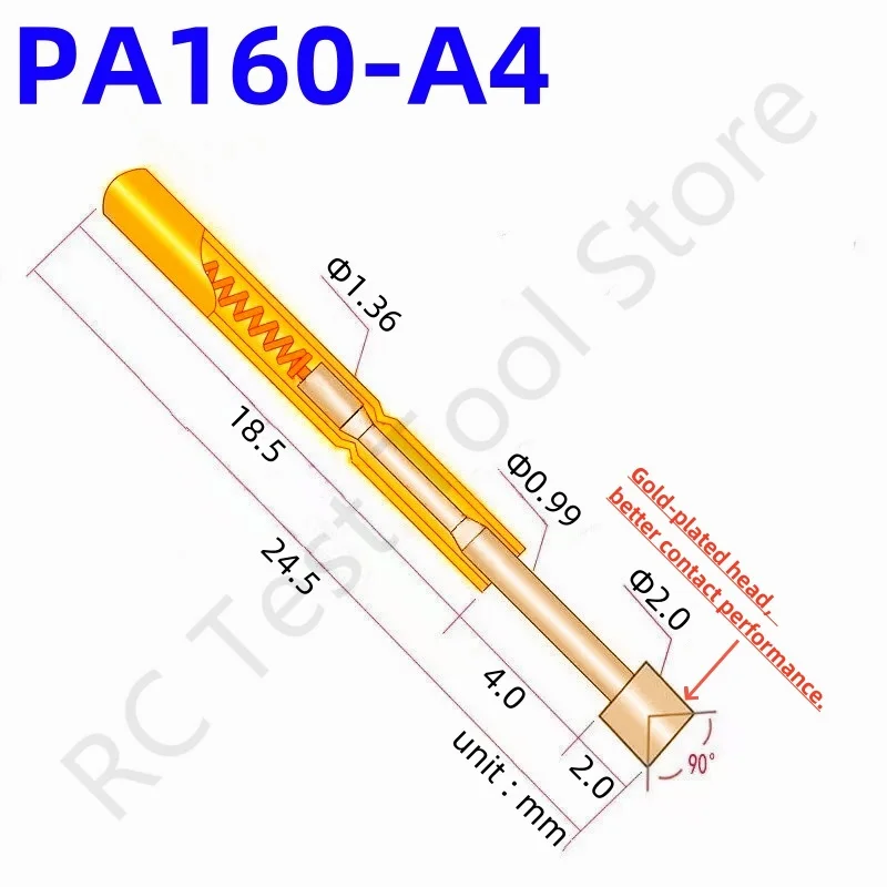 

20/100 шт. PA160-A4 Пружинный тестовый щуп PA160-A Тестовый штифт Инструмент для измерения 24,5 мм Диаметр 1,36 мм Золотой наконечник иглы 2,0 мм Pogo Pin P160-A P160-A4