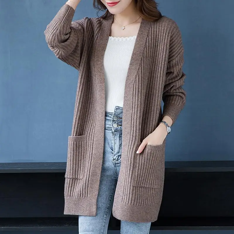 Spring and Autumn 2022 New Sweater Knitted Cardigan Women's Long Sleeve Loose Mid length Korean Sweater Coat Women enlarge