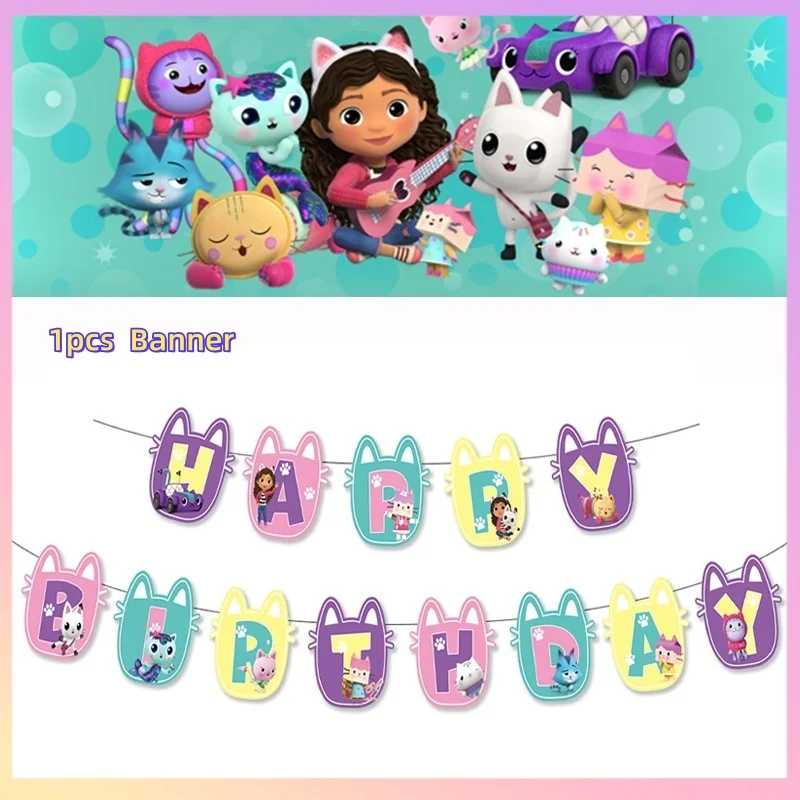 Фото Товары для дня рождения в стиле «Кукольного домика Габби»: тарелки, стаканы, скатерть, салфетки, фон, воздушные шары, украшения, подарки для детского праздника в мультяшном стиле. №4