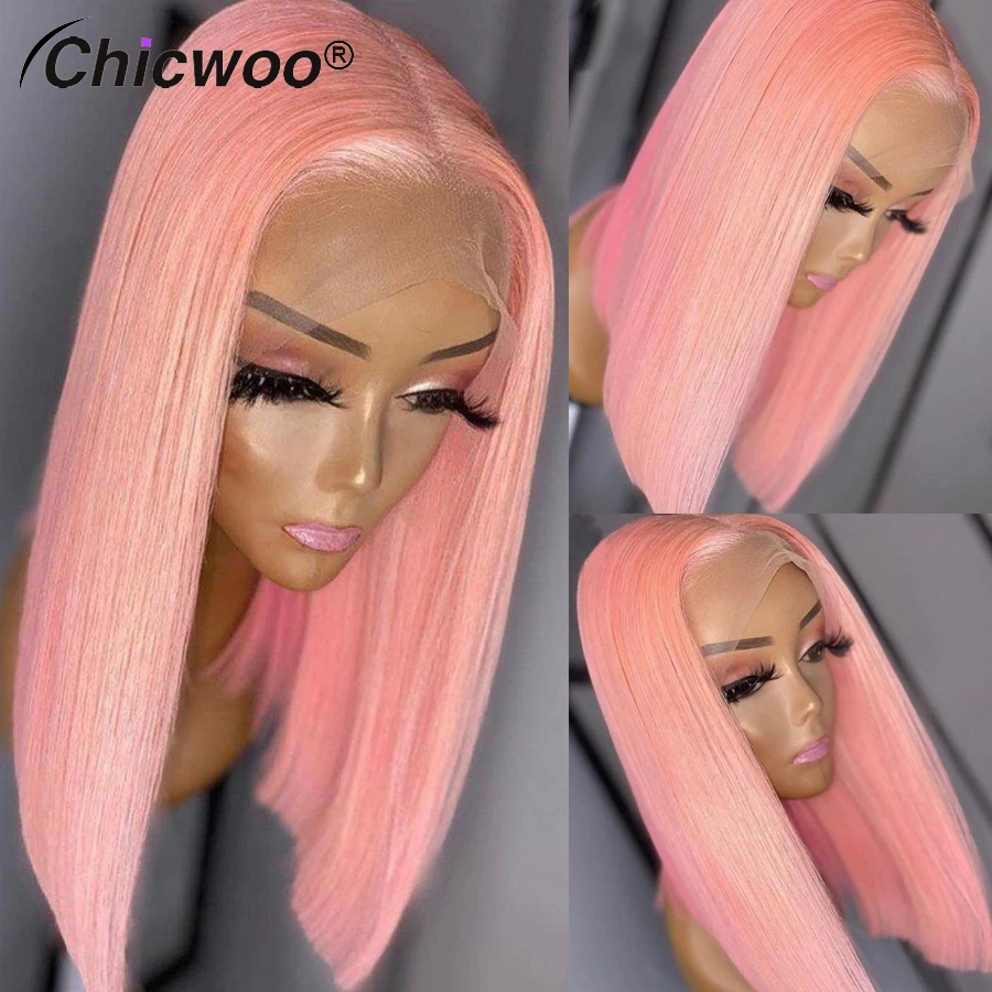 

Light Pink Silky Straight Bob Wigs for Women Brazilian Virgin Human Hair 13x4 Transparent Lace Front Wig Preplucked 613 Colored