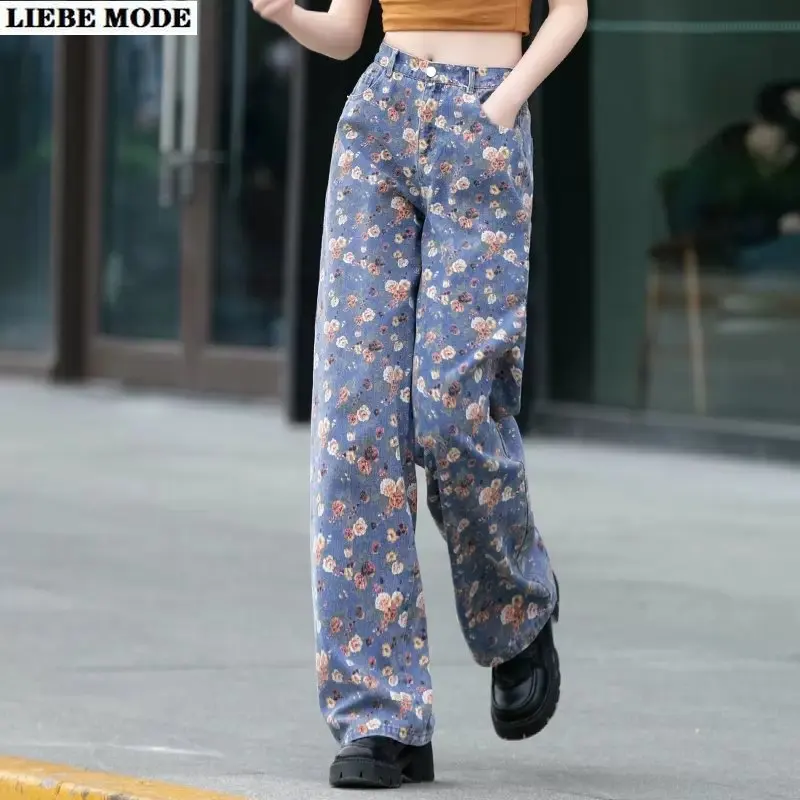 

Элегантные джинсы для мам с цветочным принтом, женские джинсовые брюки с широкими штанинами, уличная одежда Y2k, женские эластичные прямые свободные джинсы с высокой талией для женщин