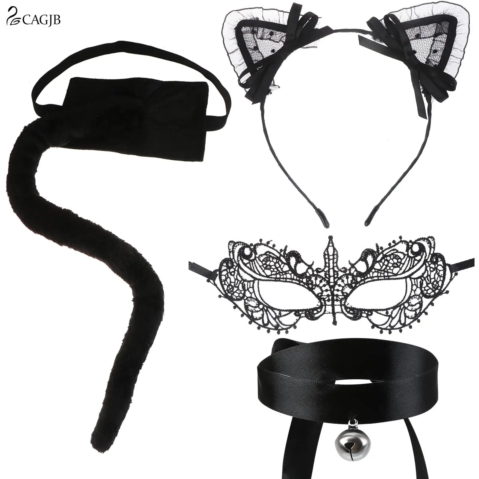 

Black Cat Costume Accessories Set Cat Ears Headband Long Tail Lace Mask Choker Bell Halloween Cat Cosplay Dress Up Accessory