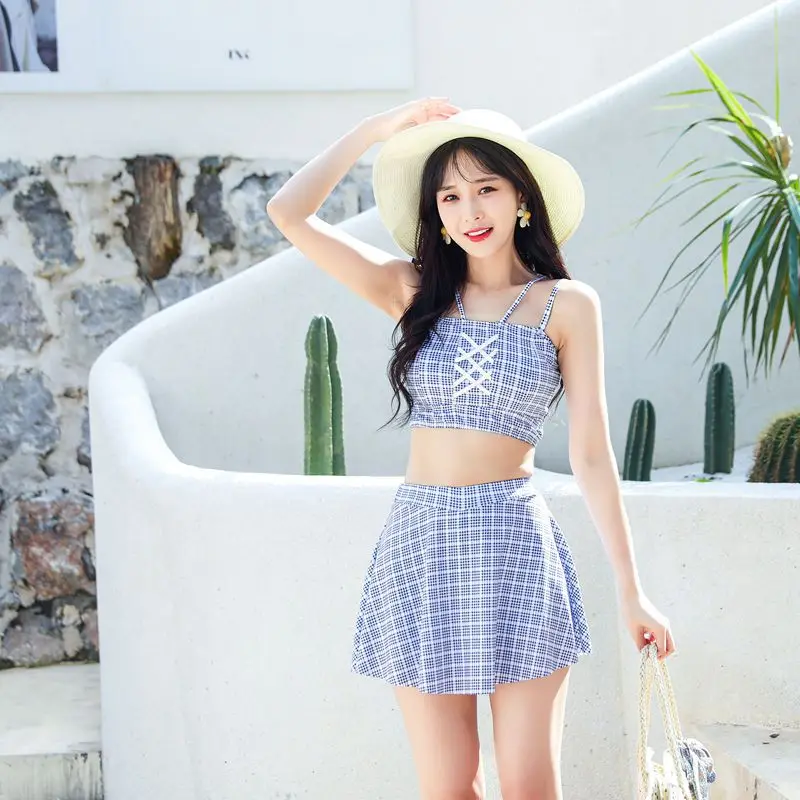 

2023 Korea Style Women Two Pieces Swimsuit Plaid Skirt Conservative Swimwear Summer Holiday Beachwear