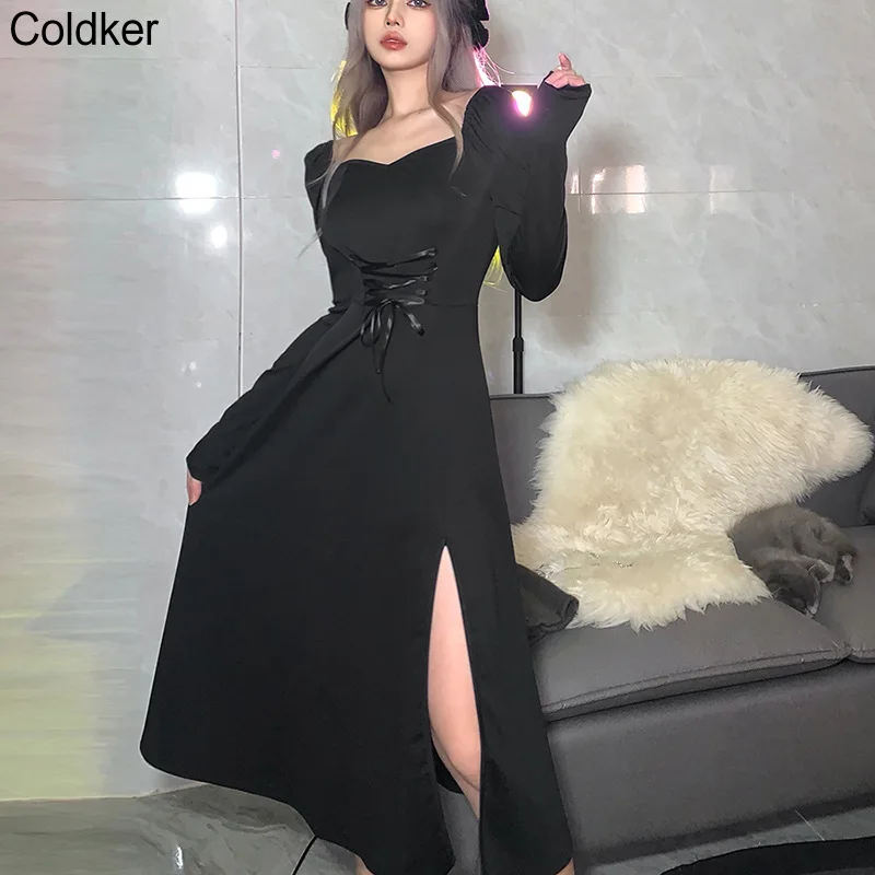 

Женское платье в готическом стиле, кружевное приталенное платье с высокой талией и разрезом, весна-осень