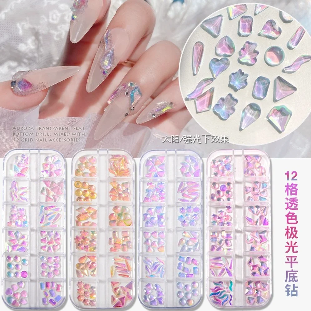 

100Pcs Aurora Diamond 3D Nail Art Alien Symphony AB Light Colors Flatback Diamonds 12 Cells Mixed Resin DIY Nails Art Decoration