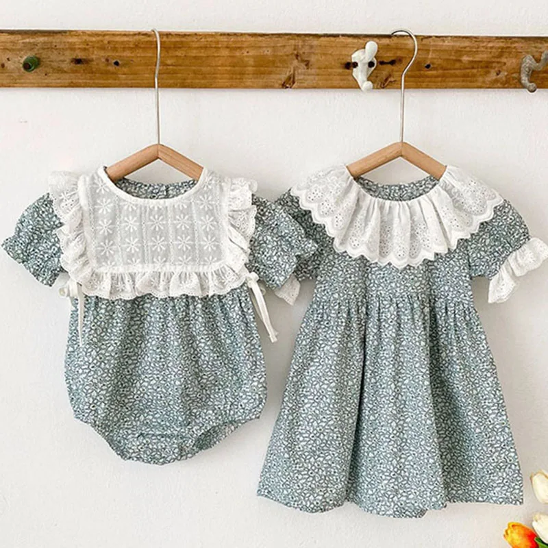 

Summer Baby Girl Clothes Short sleeve Lace Flower Girls Dress +Cotton Baby Romper Princess Dress Famil Matching Sister Outfit