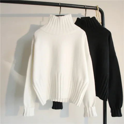Женский вязаный свитер с высоким воротником, Повседневный пуловер белого и черного цветов, свободный трикотажный джемпер с длинными рукавами, осень 29428
