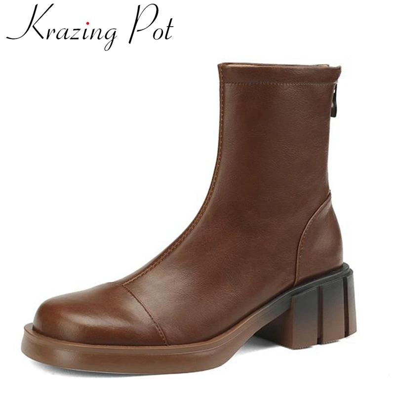 

Krazing Pot Cow Split Leather Square Toe Med Heel Chelsea Boots Thick Bottom Buffing Preppy Style Zipper Office Lady Ankle Boots