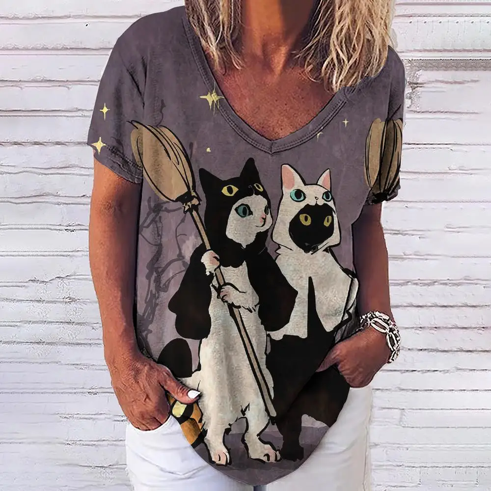 

Retro Hip hop Summer Women's V-neck short-sleeved T-shirt 3D Fun anime cat print everyday casual street pullover women's top