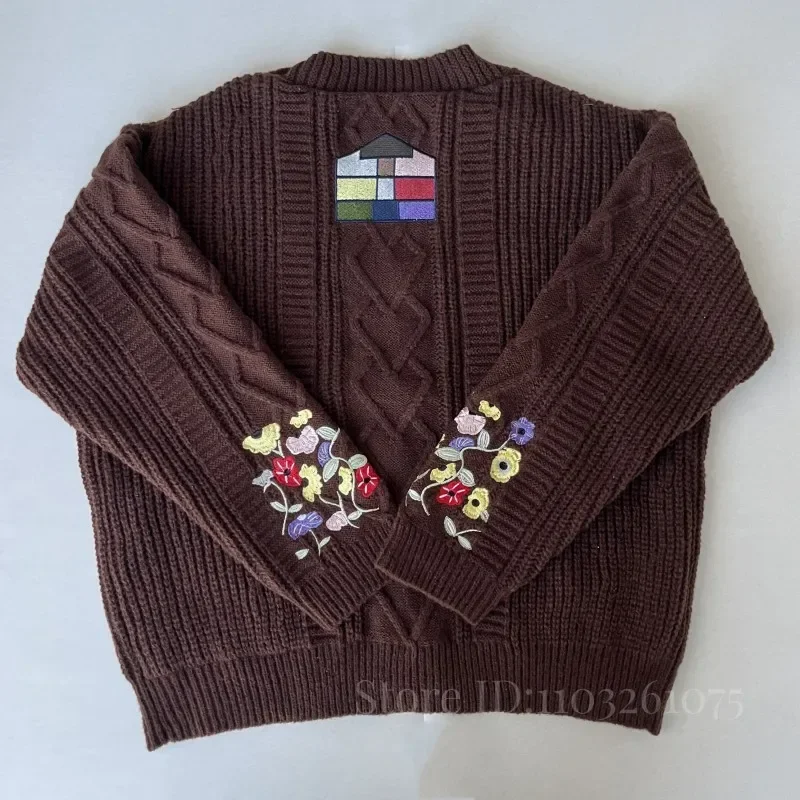 Кардиган больших размеров 202 осенне-зимний вязаный свитер с цветочной вышивкой Y2k
