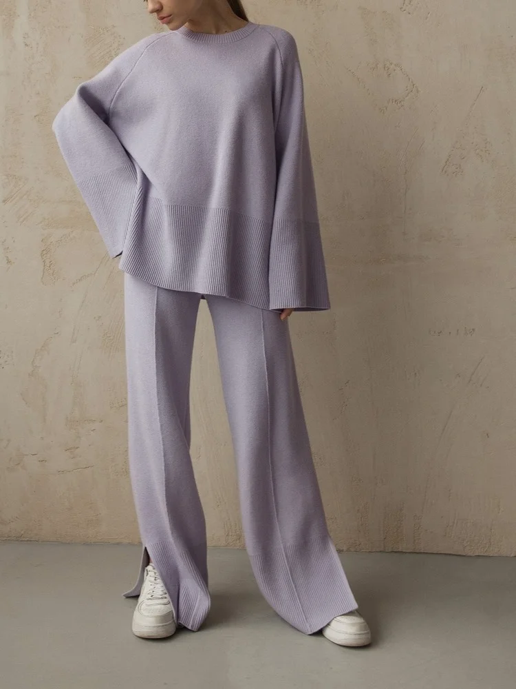 Women Knitted Pants Sets Lilac Casual Loose Two Piece Sweater Sets 2022 Autumn Winter Sweater Pullover and Wide Leg Pants Suits