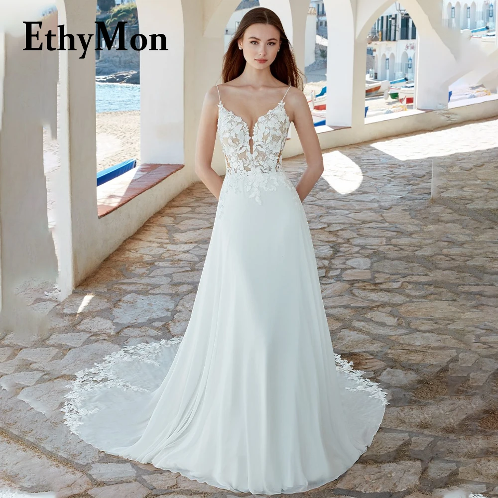 

Ethymon V-neck Spaghetti Straps Wedding Dresses For Women 2023 Sweep Train Sleeveless Backless Vestido De Casamento Customised