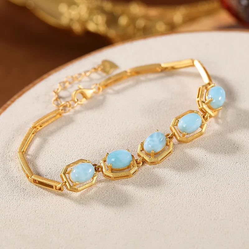 

Bastiee S925 Sterling Silver Bracelet Gold Plated Inlaid Sea Grain Stone Vintage Light Luxury Lady Geometric Pulseras