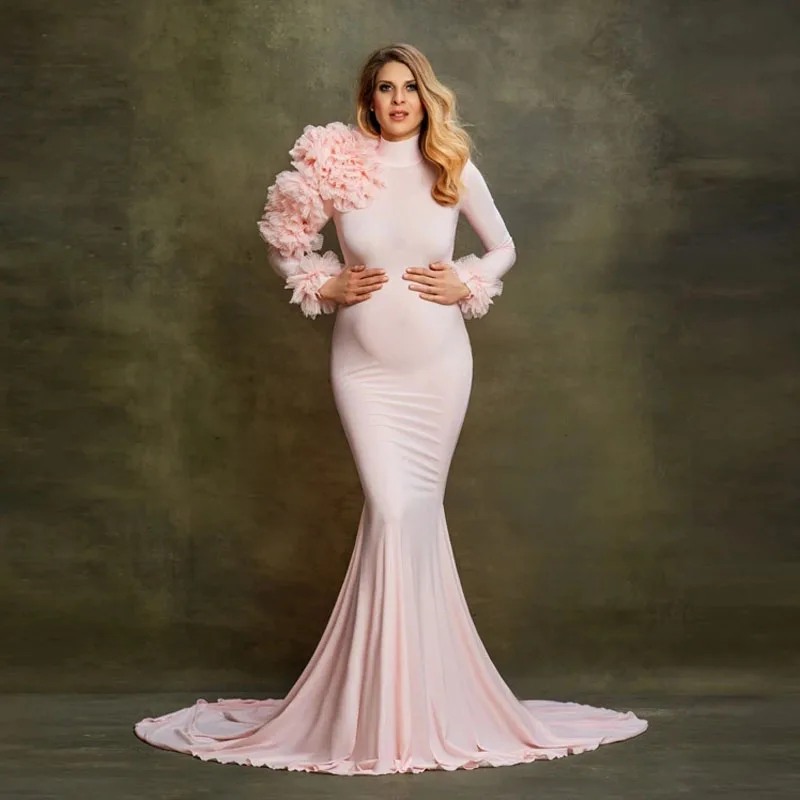 Elegant Pink Mermaid Maternity Dresses Stretchy Spandex High Neck Pregant Women Photoshoot Dress Ruffles Shoulder Pregancy Gowns