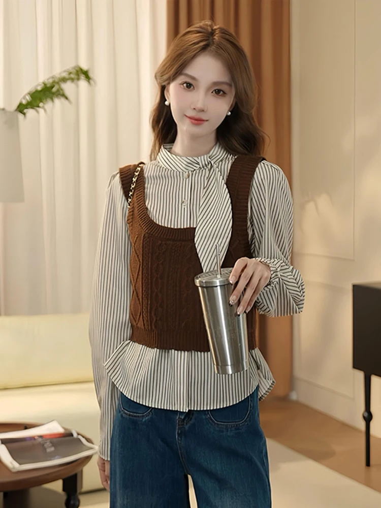 Рубашки в полоску стиле ретро уличный сложенный вязаный жилет комплект из двух