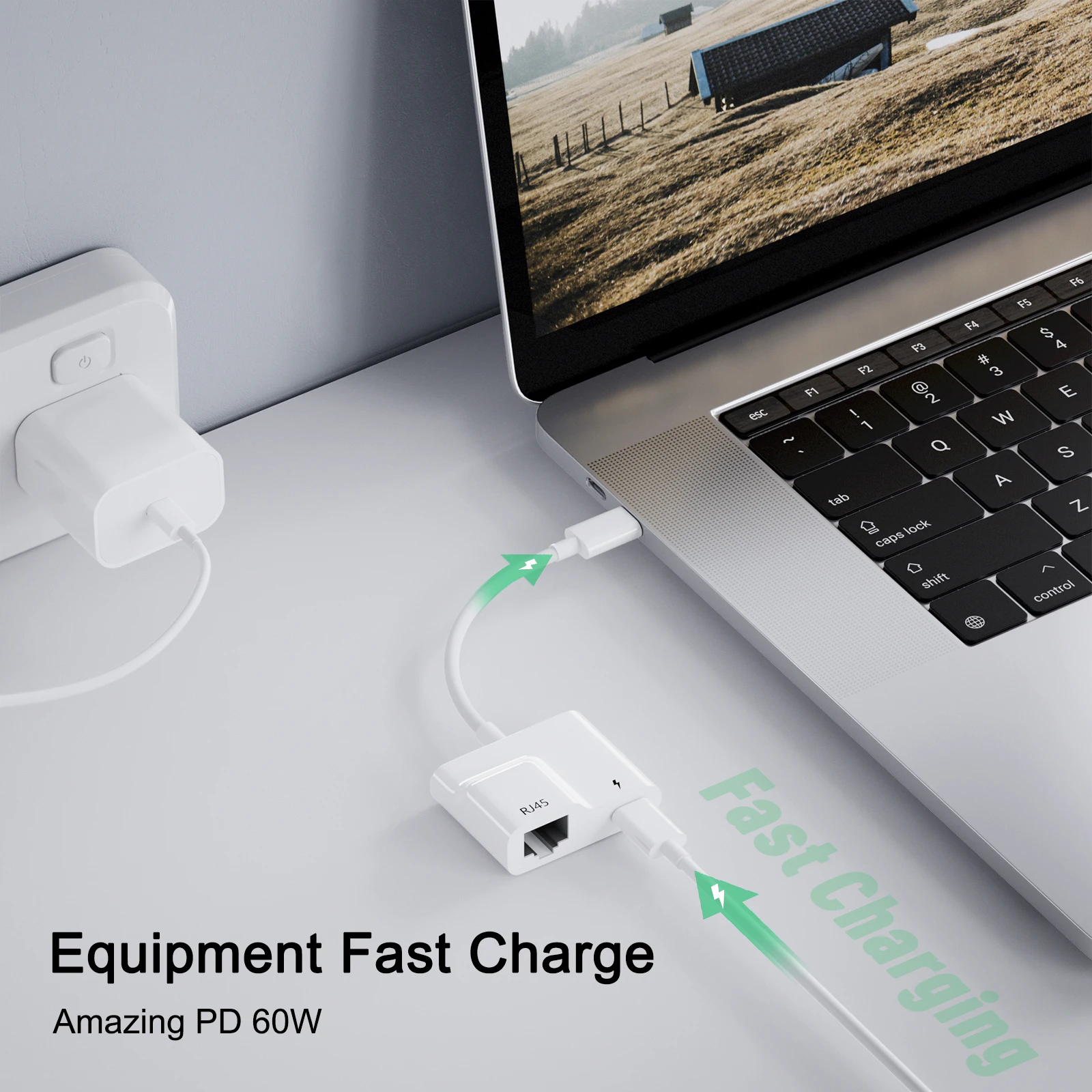Фото Адаптер USB C к Ethernet RJ45 с зарядным устройством PD 60 Вт, Gigabit LAN Сетевой хаб для MacBook Pro/Air iPad Pro/Air Samsung и т. д. №3