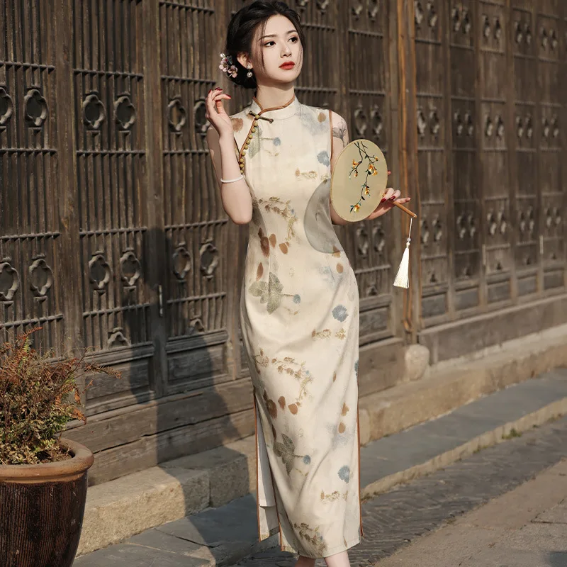 Женское Двуслойное платье-Ципао без рукавов Элегантное Длинное Платье в стиле