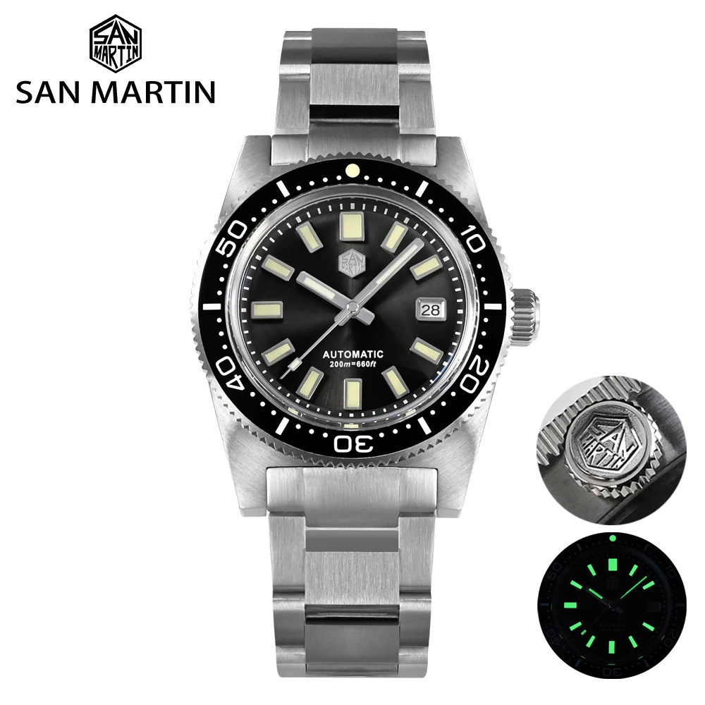 

San Martin 62MAS SN007GX 37mm Mens Watch Vintage Luxury PT5000 SW200 Automatic Luminous Sapphire Date 20Bar Retro Diver Watch