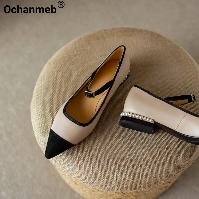 

Ochanmeb Real Leather Patchwork Mary Janes Women Brand Designer Pearl Decoration Flats Lady Buckle Strap Flat Shoe Elegant Daily