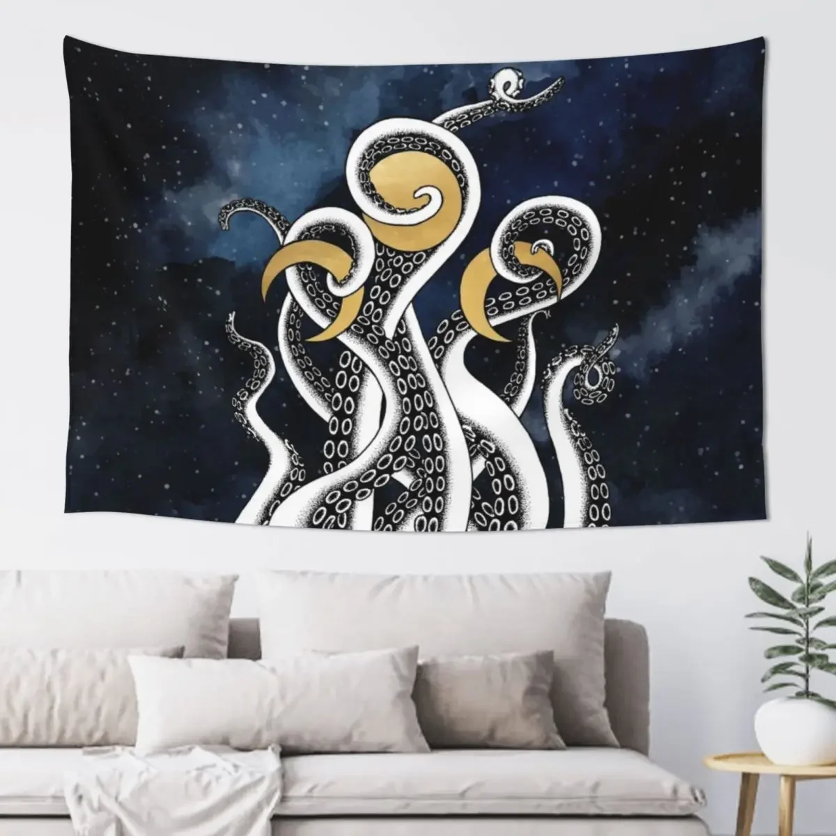Эзотерическая иллюстрация киберпанка кракен с щупальцами и фазами луны гобелен