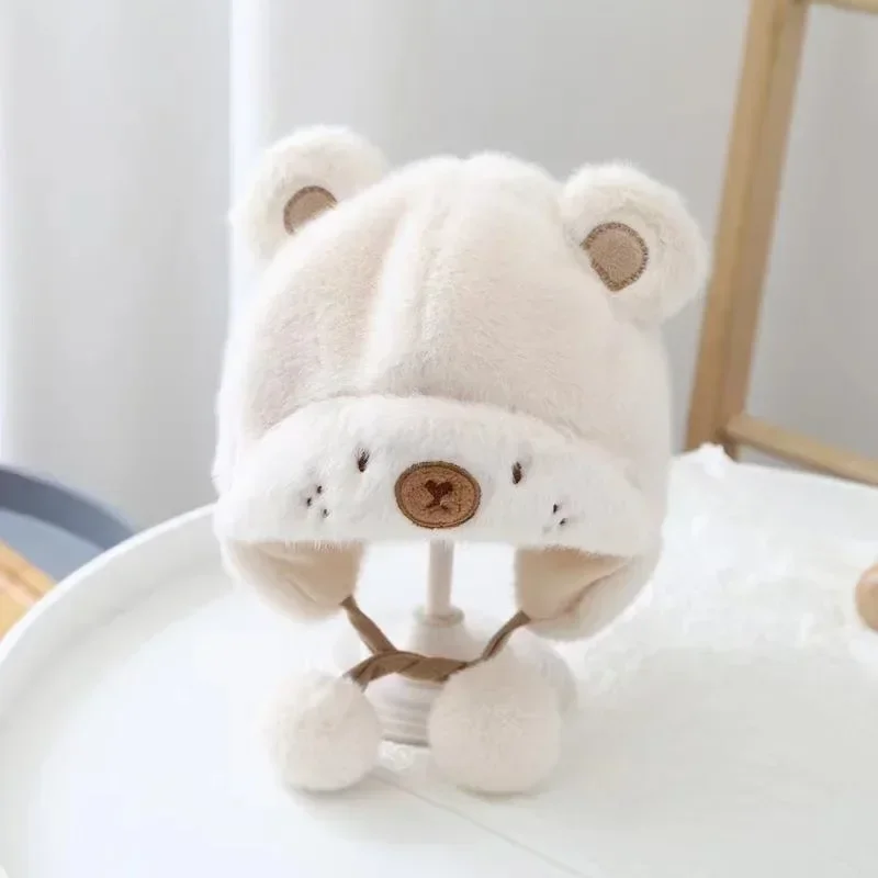 

2023 Winter Baby Hats Cute Bear Plush Double Hairball Hats Warm Soft Ear Protection Bonnet With Earflaps Infant Girl Boy Beanie